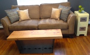 Craigslist couch! And side table. The coffee table was handmade by Mr. Frugalwoods