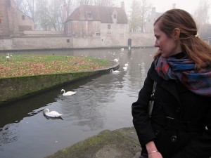 Me apparently afraid of some geese in Bruges, Belgium