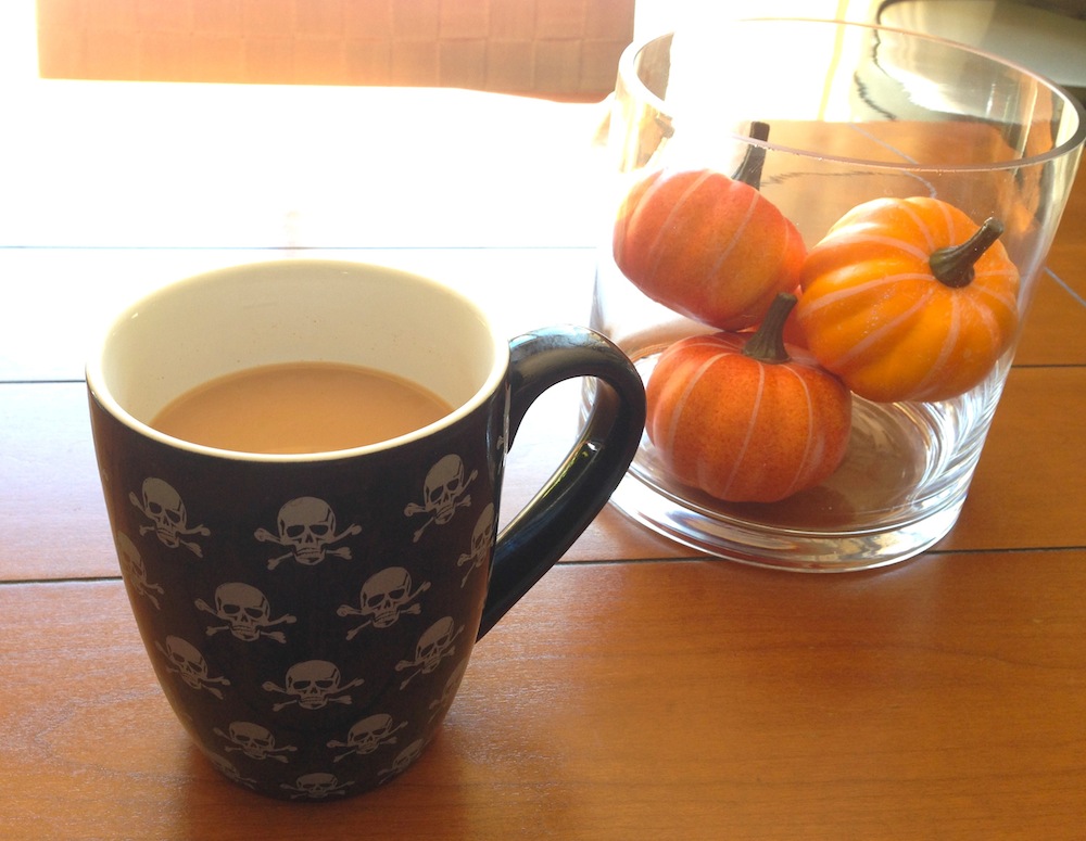 Enjoying a homemade Pumpkin Spice Latte in a trash find mug