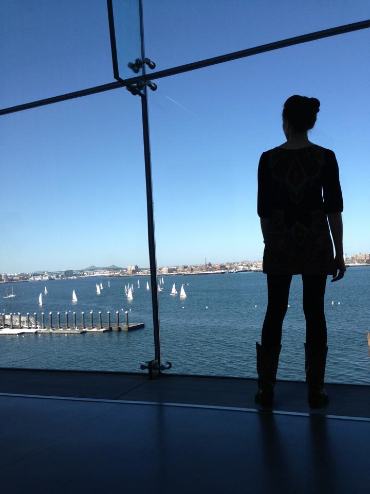 Me gazing out the window at the Boston Institute of Contemporary Art (the public library has free tix you can borrow)