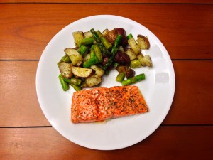 A fancy weekend dinner with salmon, asparagus, and potatoes