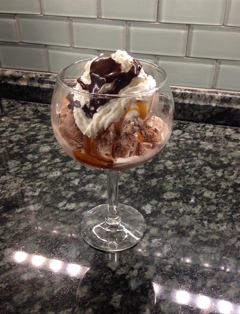 Celebrating our anniversary with a homemade sundae at my in-laws' house