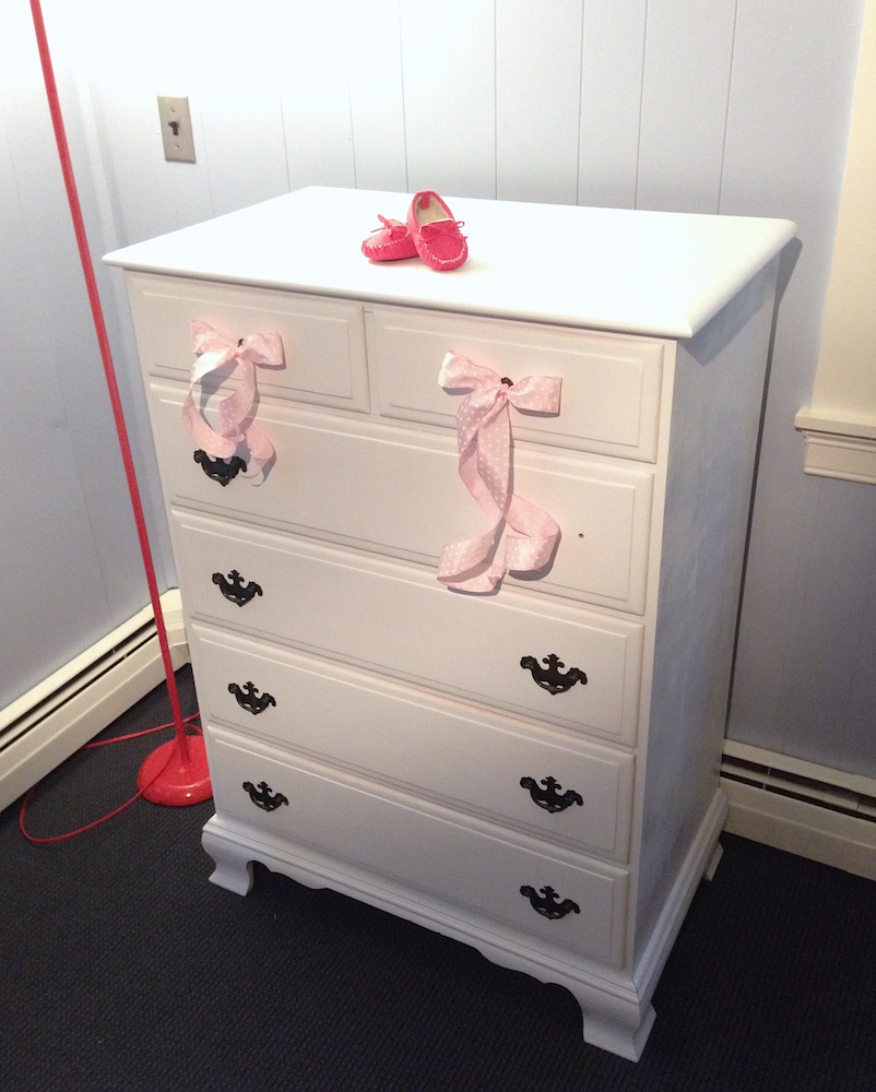 After! Mr. FW sanded, painted, and repaired the previously duct taped drawers (also pictured: a free hot pink lamp!)