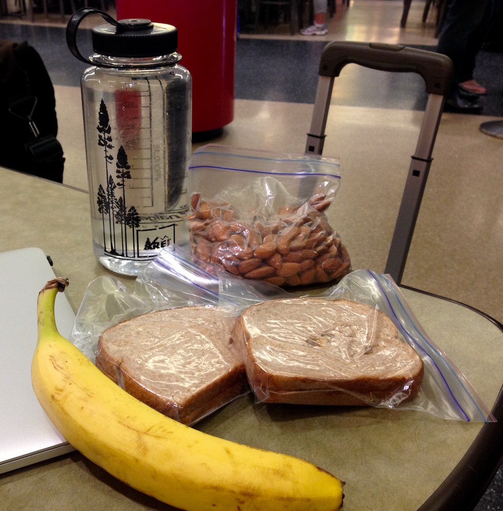 Our airport snack food. Whole lot cheaper to bring our own!