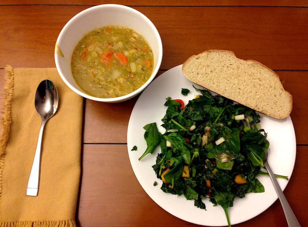 Delicious homemade bread and split-pea soup by Mr. FW with a homemade kale salad brought by a friend