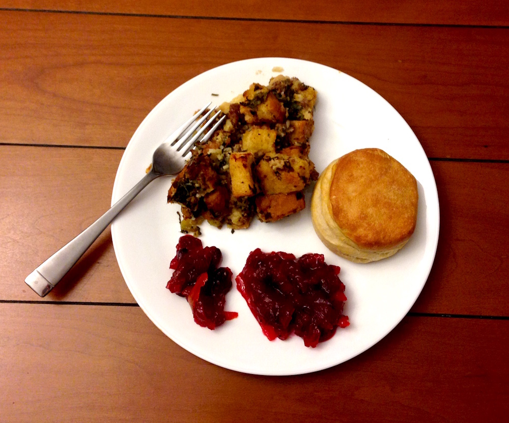 Our scaled back Thanksgiving feast of stuffing, cranberry sauce, and rolls