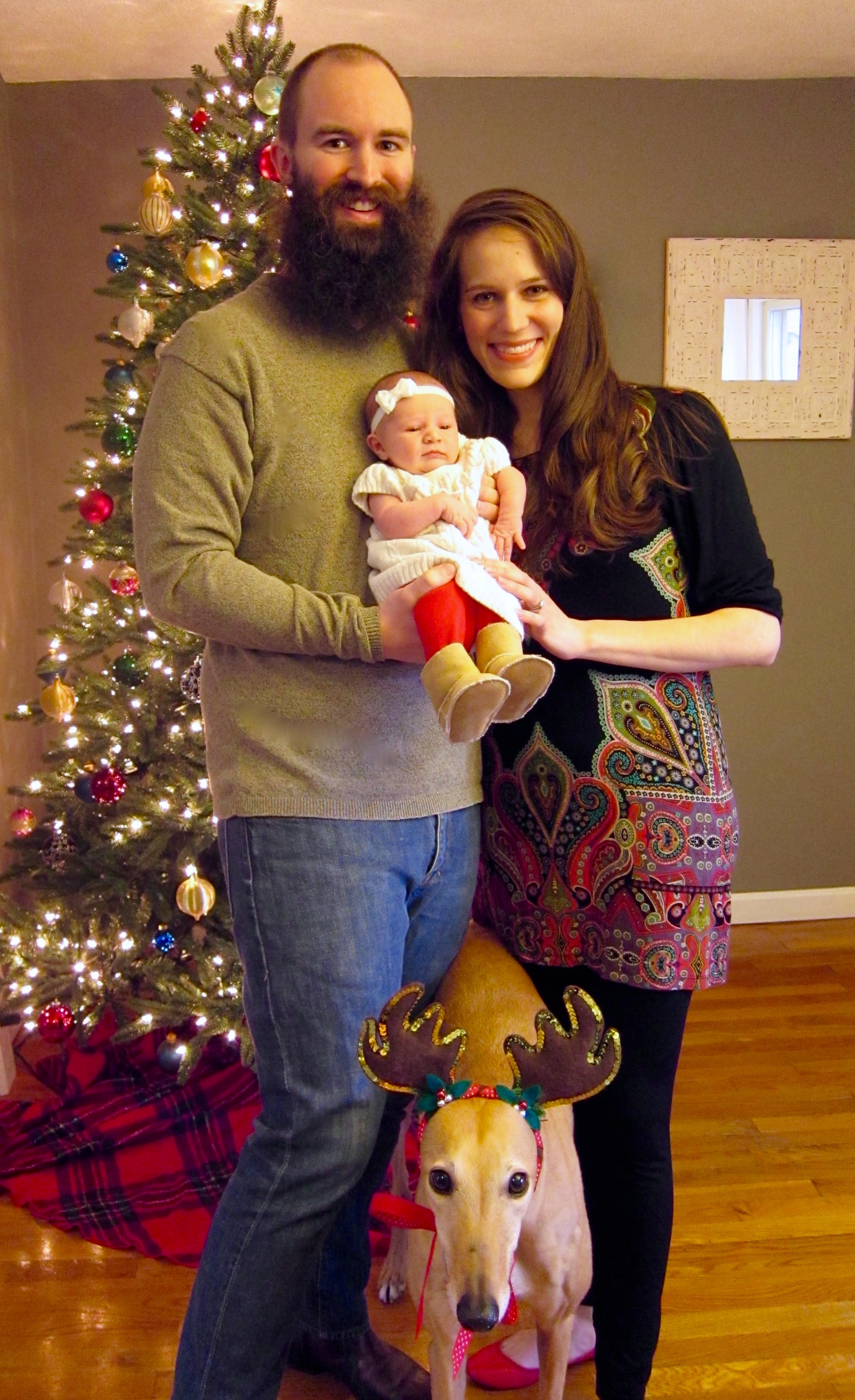 Our Christmas card/birth announcement photo. This was the only shot where Babywoods wasn't crying and Frugal Hound was facing forward.