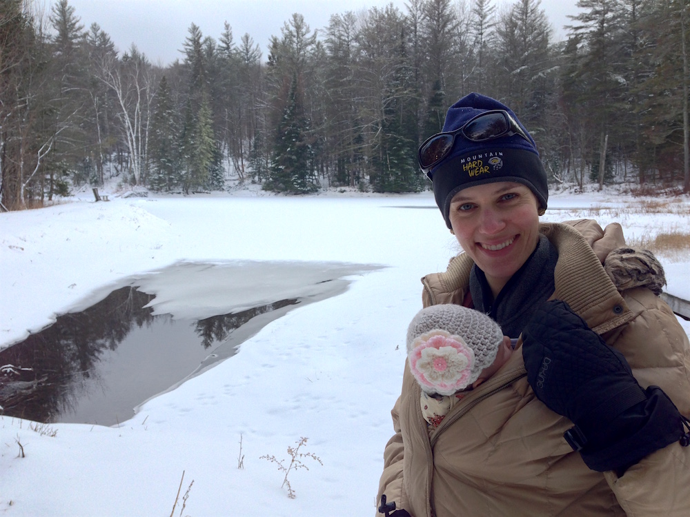 Babywoods and I snowshoeing near the pond