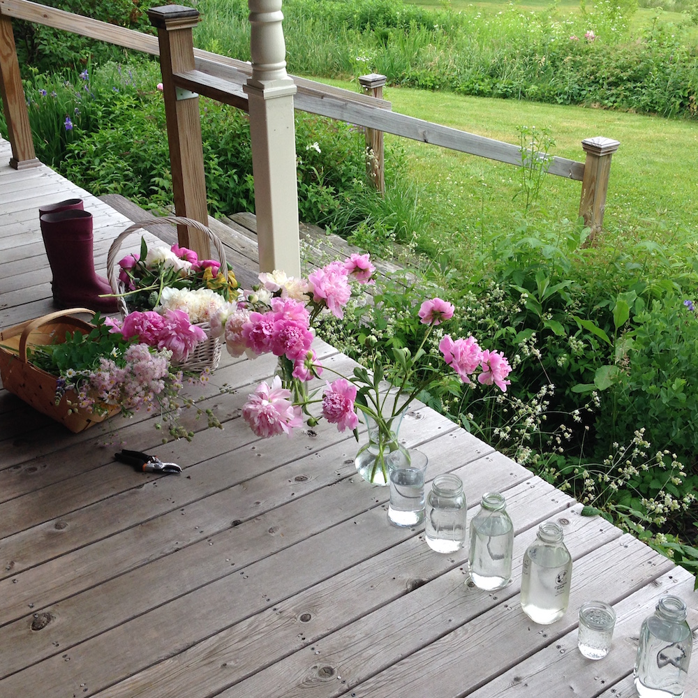My floral arranging set-up on the porch