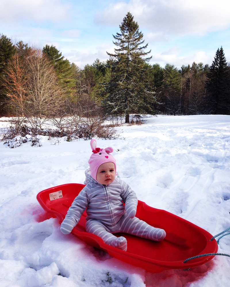 Babywoods prepped for downhill sledding (accompanied by parents, of course)