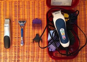 The lineup: trimmer, razor, purple #2 attachment, ear attachment, buzzer kit